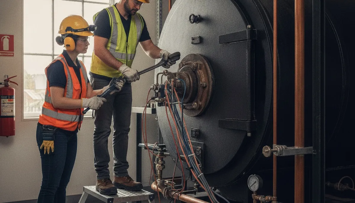 Boiler repair technician servicing a Long Beach, CA home heating system