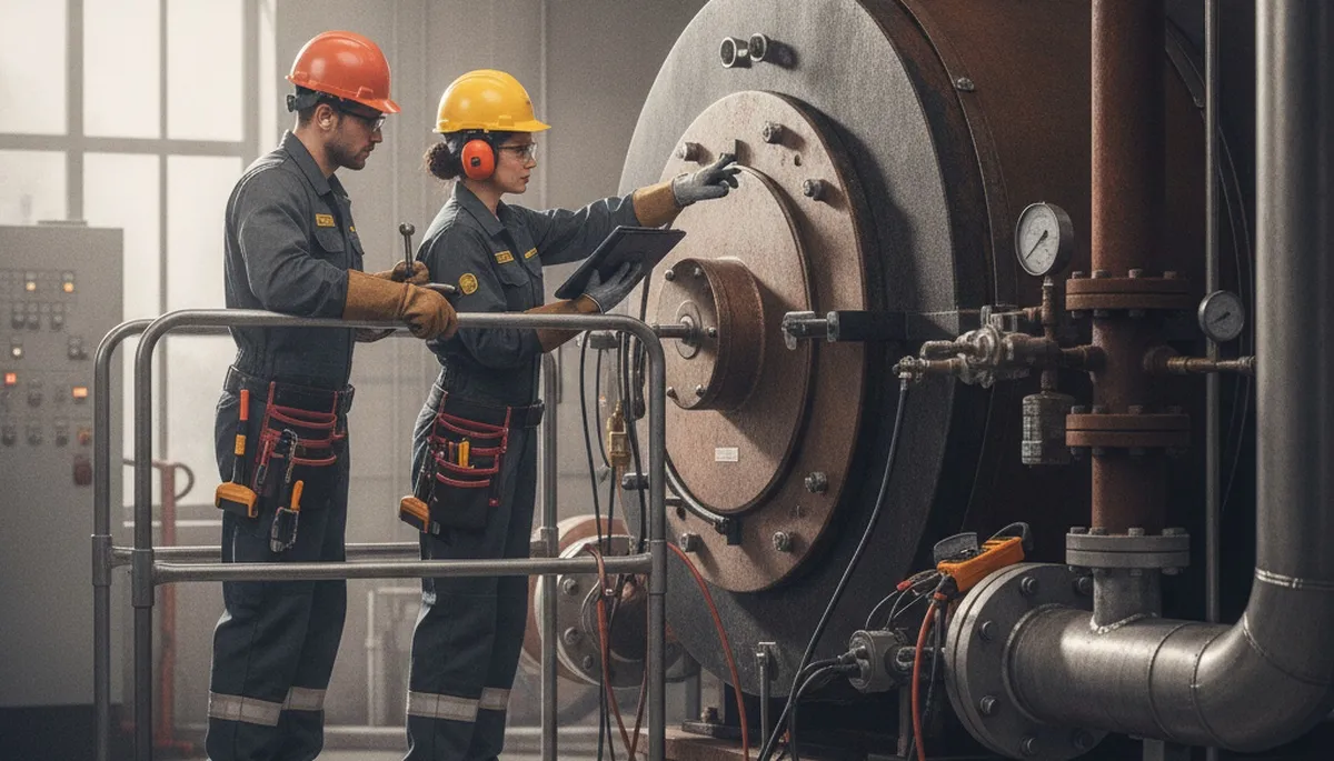 Boiler repair technician servicing Long Beach, CA home heating system with tools