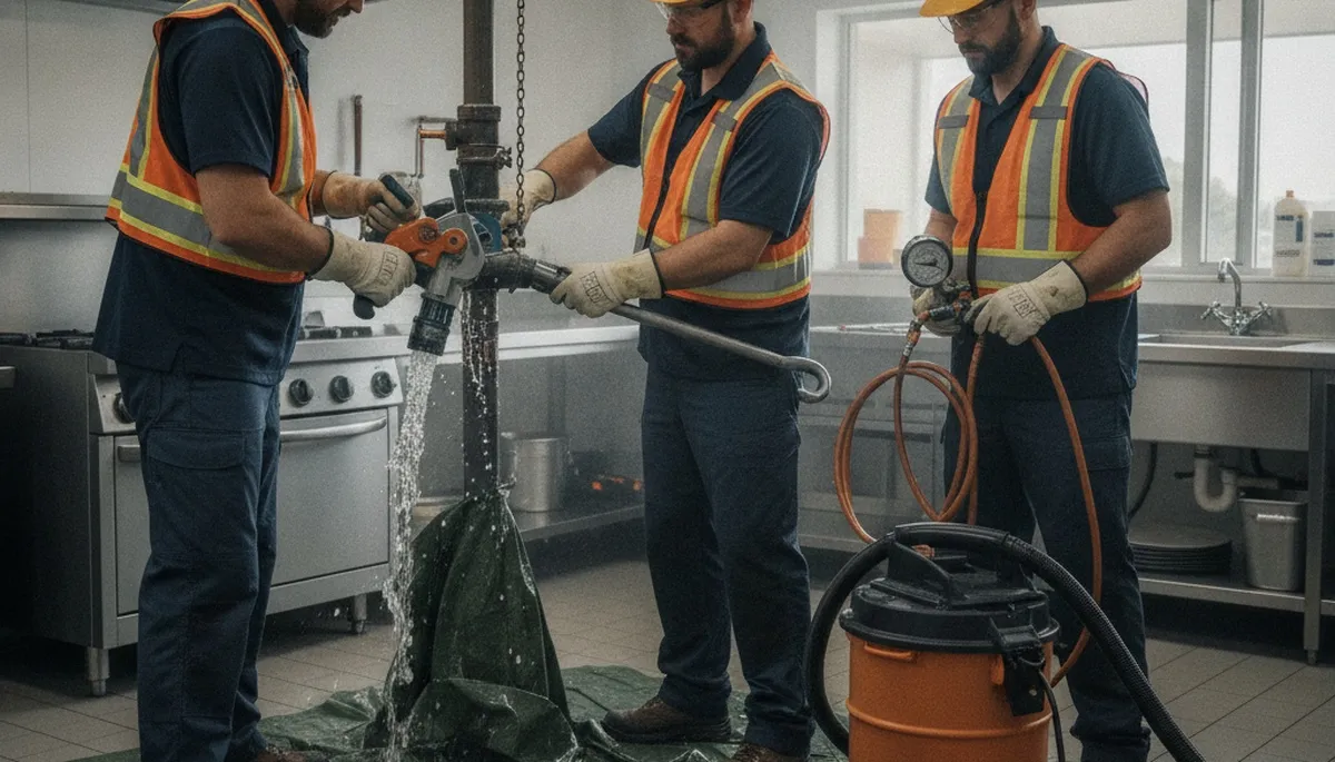 Emergency plumber repairing burst pipe in Long Beach, CA home