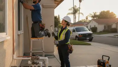 Long Beach, CA plumbing repair technician fixing a residential leak for local service call