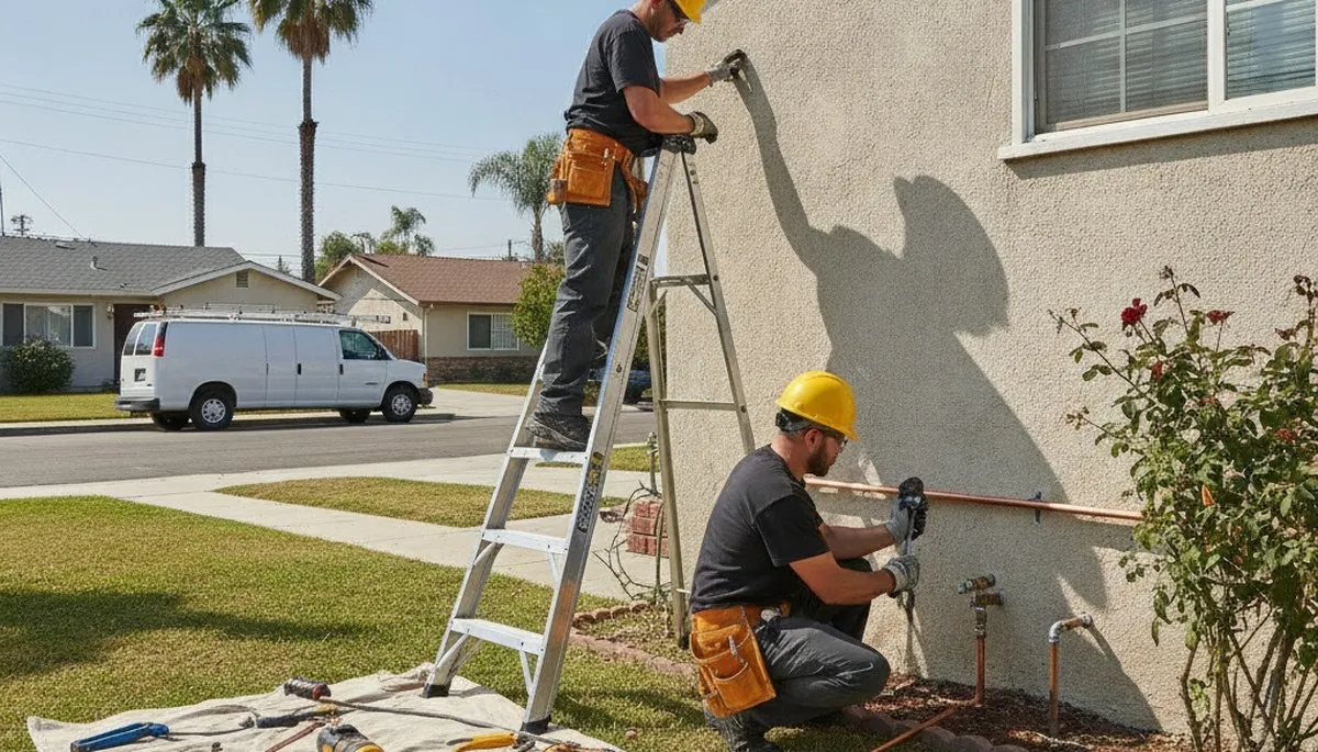 Long Beach, CA plumbing repair technician servicing a pipe for a local home inspection