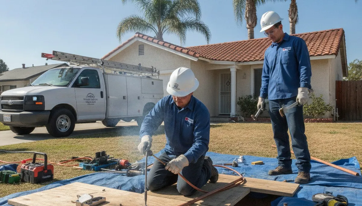 Plumbing repair technician in Long Beach, CA servicing a residential pipe leak