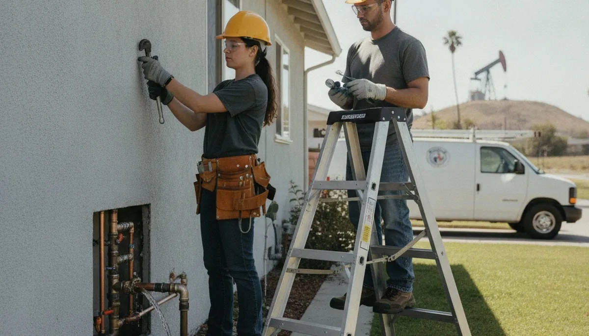 Plumbing repair team servicing a Long Beach, CA home for leak and pipe repair