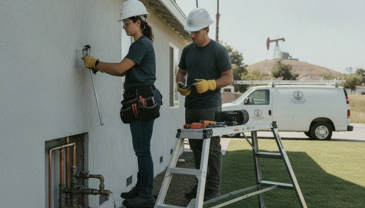 Long Beach, CA plumbing repair technician servicing a residential pipe leak with professional tools