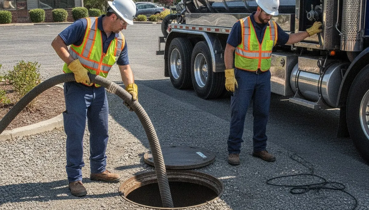 Septic pumping service truck for Long Beach, CA homes, on-call plumbers at work